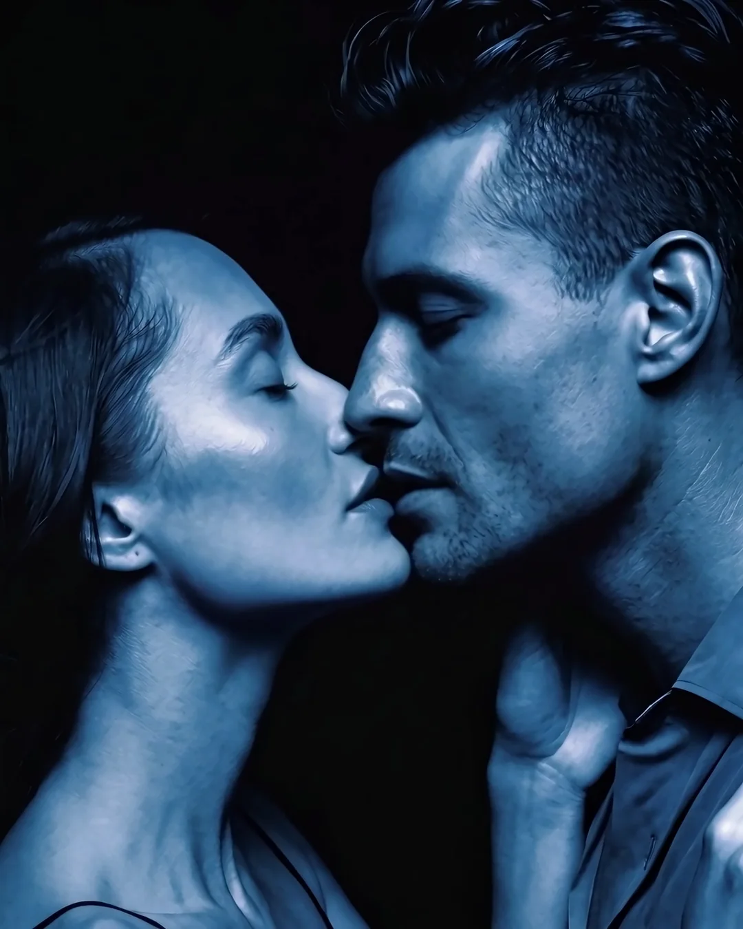 A man and a woman in a close embrace, lips meeting in a kiss, rendered in a single deep blue tone against black.